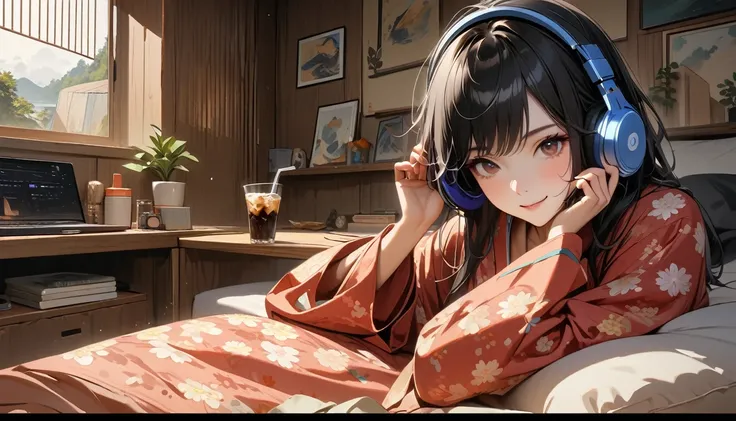 ((8k of extremely detailed CG unit, Masterpiece, high resolution, highest quality, highest quality real texture skin)), (((Japanese patterned pajamas))), (((Cute room))), (((Japanese style headphones))), (((iced coffee))), (((Smiling and listening to music...