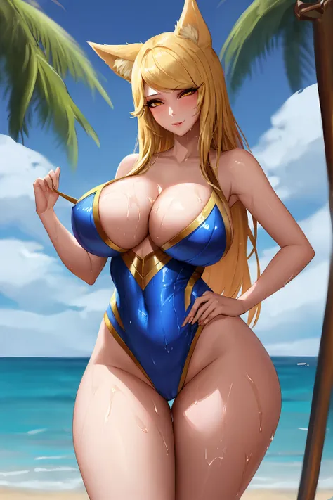 Ahri, random clothes, league of legends, Kda, kda Ahri, thick thighs, posing, beach, fox Ears, blonde Hair, busty, wide hips, big breasts , naughty, solo, wet, 