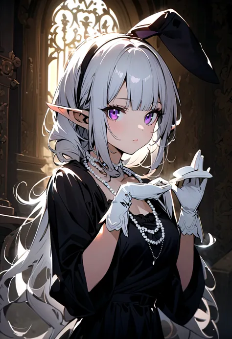 A beautiful elf girl with deep purple eyes and shirt white hair and bangs,with a black dress a black jacket over her shoulder and wears a pearl necklace arou her neck with white gloves on her hands,also has rabbit ears