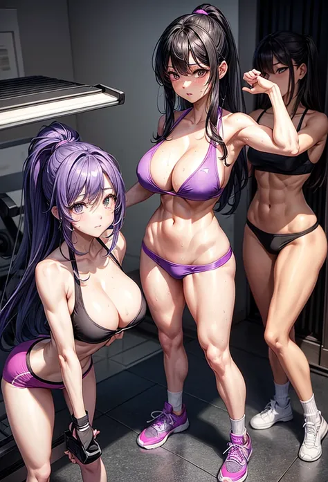 beautiful girl、Big Breasts、Black Hair、Long Straight、Great style、Nice body、Abdominal muscles、Muscular、Training Gym、Sports Bra、Light purple bra top、Cleavage、Light purple bikini pants、Beautiful buttocks、Toned Legs、Are standing、The whole body is visible、Sweaty...