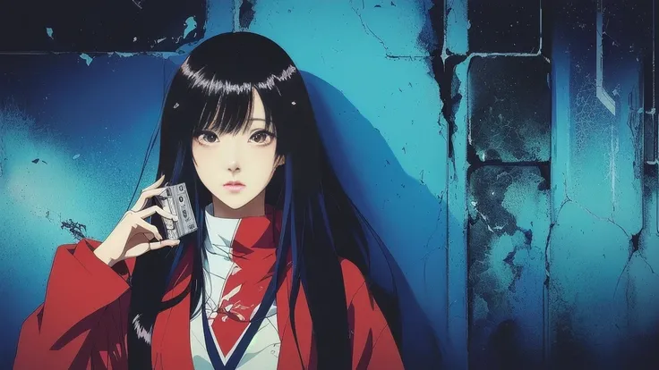 Anime girl holding a cassette in front of a wall, Manga inspired by Ayami Kojima, Topics on pixiv, Sequential Art, satoshi kon artstyle, Female protagonist, Female protagonist 👀 :8, A mix of anime style and Fujifilm, Gore anime screenshot, satoshi kon anim...