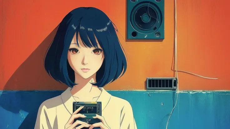 Anime girl holding a cassette in front of a wall, satoshi kon artstyle, Female protagonist, Female protagonist 👀 :8, A mix of anime style and Fujifilm, Gore anime screenshot, satoshi kon anime, Retro Anime Girls, style of satoshi kon, Anime movie screensho...