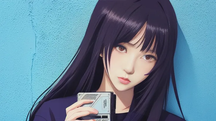 Anime girl holding a cassette in front of a wall, satoshi kon artstyle, Female protagonist, Female protagonist 👀 :8, A mix of anime style and Fujifilm, Gore anime screenshot, satoshi kon anime, Retro Anime Girls, style of satoshi kon, Anime movie screensho...