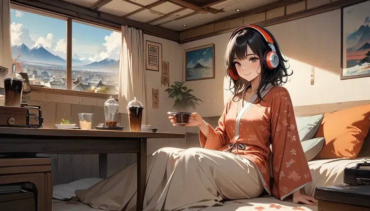 ((8k of extremely detailed CG unit, Masterpiece, high resolution, highest quality, highest quality real texture skin)), (((Japanese patterned pajamas))), (((Cute room))), (((Japanese style headphones))), (((iced coffee))), (((Smiling and listening to music...