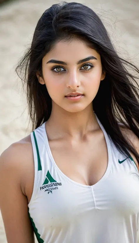 Alabaster, White complexion, cricket player, young, beautiful Pakistani woman around 18 years old, long natural black hair, beautiful eyes, beautiful body, busty, fit, athletic, hourglass, night, (portrait, face focus, beautiful face, cute face, detailed f...