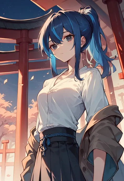 (One Girl,Midnight blue color hair,Her hairstyle is a ponytail, Dark eyes,Medium chest,Dynamic Angle)Coat of blue,White shirt,Black Skirt,Japanese shrine with night background,