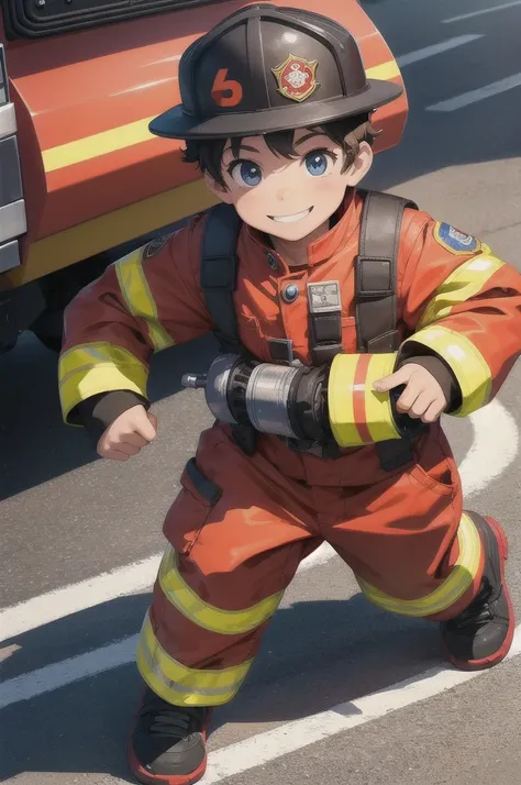 An animated image of a 3 year old boy named Alex wearing a firefighter costume with a smiling face