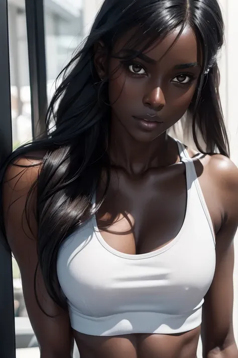 ((Extremely beautiful face)), ((very dark skin)), upper body, ((face focus)), tanktop, short shorts, full body, long hair