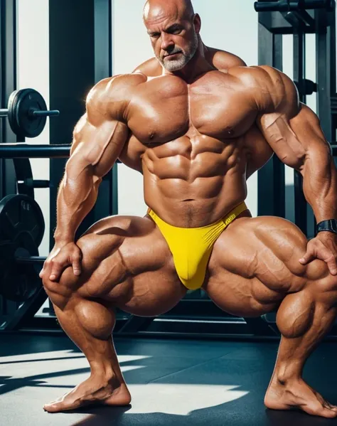 A ((powerful bodybuilder, as bodybuilder Markus Ruhl)), ((aged 55 years old)), ((exaggerated muscular thick body physique)) clad in (( thong outfit)) exuding confidence as (((he strikes a astonishing fullbody bodybuilder glutes hamstrings pose pose))). He ...