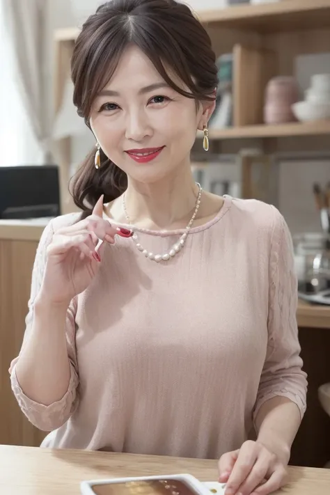 8k, 55 year old mature Japanese woman, Beautiful mature woman, Long eyelashes, Low Ponytail, Red lipstick, Pearl Necklace, Earrings, Pink eyeshadow highlighting, smile, Sparkling Eyes