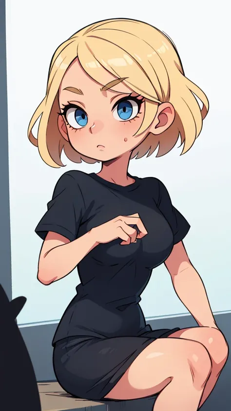 Blonde girl with short hair Blue eyes in a black T-shirt Gorgeous eyelashes 