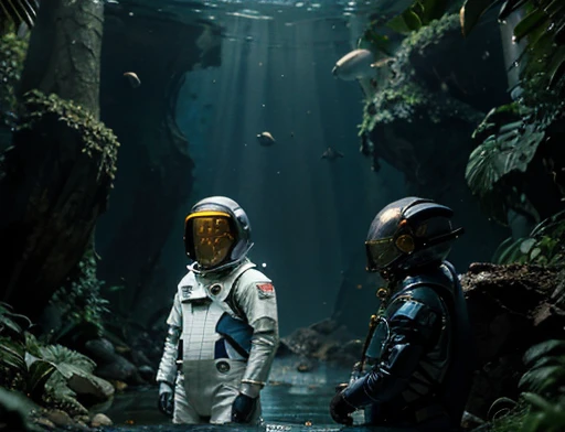 The astronaut wearing a spacesuit stands in front of the creature observing , The humanoid being is a hybrid of a lizard and a fish, this being is watching, fotografia de Corpo completo imagem de corpo inteiro. Environment overview.