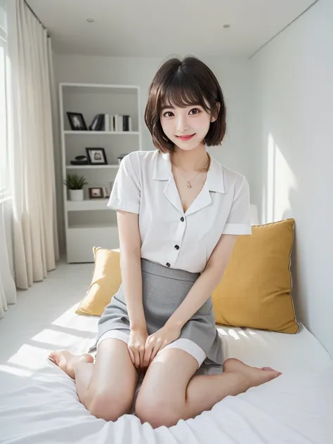 (Highest quality、masterpiece:1.9)、((Neat and clean female college student、1 person))、Soft lighting by a professional photographer、Natural light、((Very spacious white luxurious room:1.6))、((Bright white room:1.6))、(Sitting on a very luxurious white bed:1.2)...