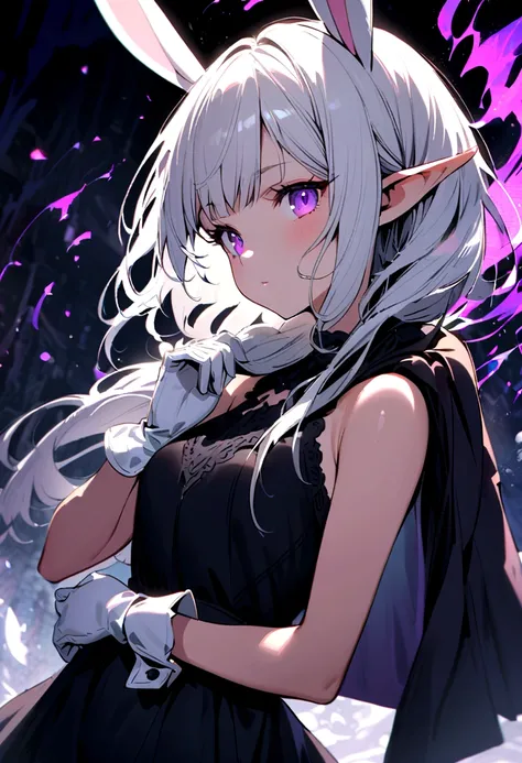 A beautiful elf girl with deep purple eyes and short white hair and bangs,wears a black short sleeveless dress with a black jacket hanging over her shoulder and with white gloves on her hands,also has rabbit ears