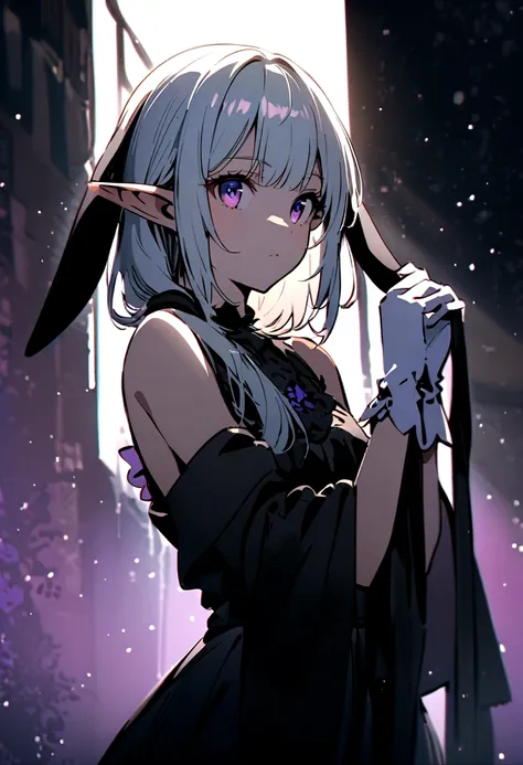 A beautiful elf girl with deep purple eyes and short white hair and bangs,wears a black short sleeveless dress with a black jacket hanging over her shoulder and with white gloves on her hands,also has rabbit ears