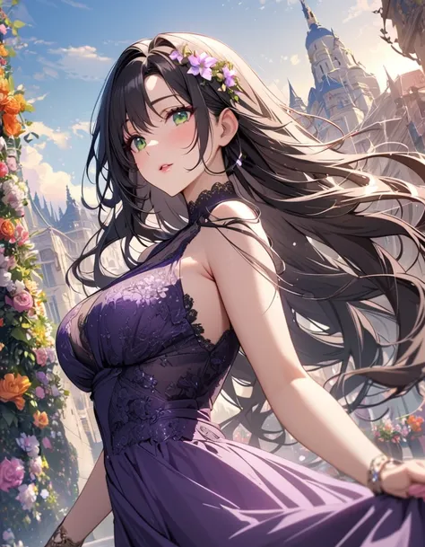 girl, beautifull, pretty, long hair, mature, beautiful purple dress, black hair, green eyes, super detail, flower on hair, gorgeous, beautiful backround, angel