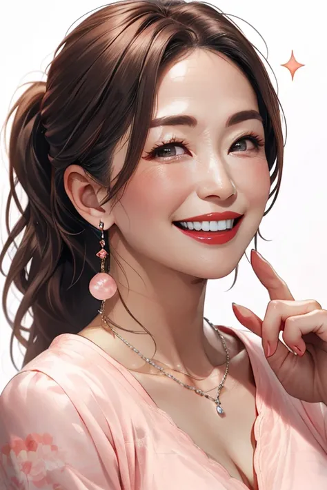 8k, 55 year old mature Japanese woman, Beautiful mature woman, Long eyelashes, Low Ponytail, Red lipstick, Pearl Necklace, Earrings, Pink Eyeshadow, Face Enhancement, smile, Sparkling Eyes, Cleavage