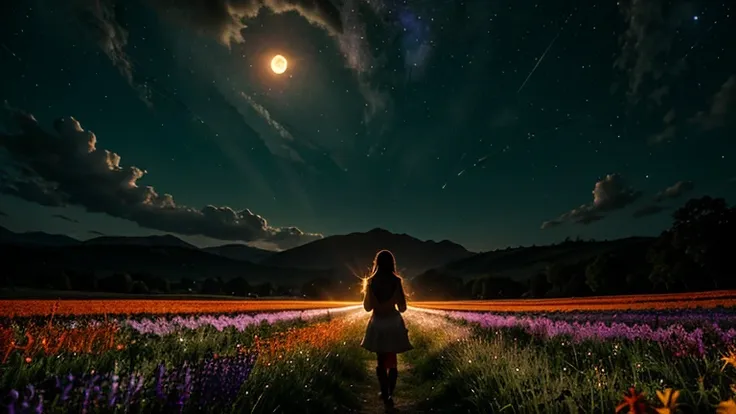 expansive landscape photograph , (a view from below that shows sky above and open field below), a girl standing on flower field ...