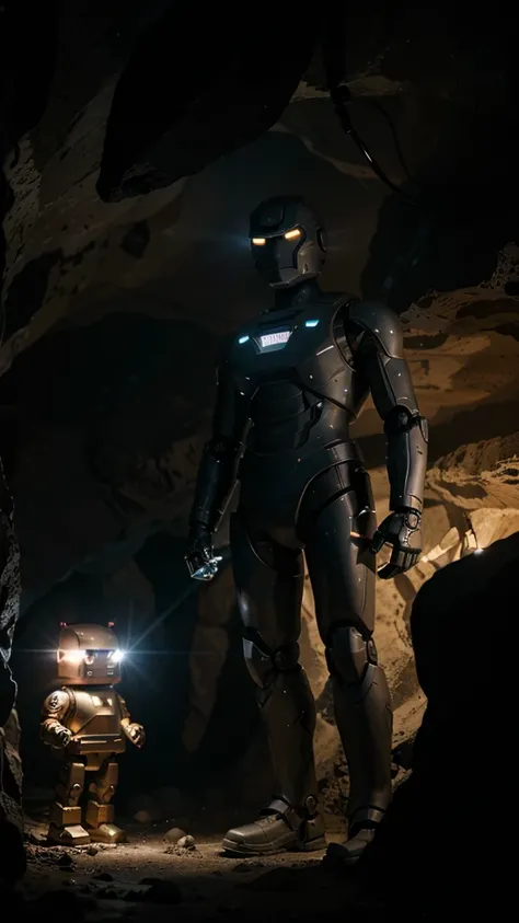 Starfield figure goes into a cave that is dark he has a flashlight in his hand and a robot is standing next to him