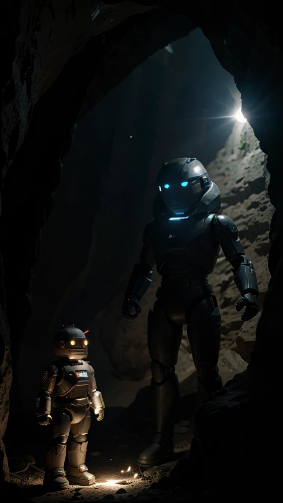 Starfield figure goes into a cave that is dark he has a flashlight in his hand and a robot is standing next to him