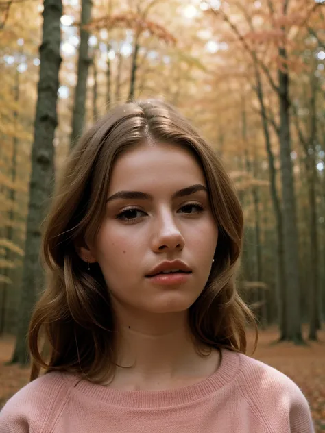 elegant minimalistic photography, 1990s, (beautiful) model wearing a pink jumper, red autumn forest background, natural lighting...