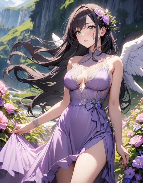 girl, beautifull, pretty, long hair, mature, beautiful purple dress, black hair, green eyes, super detail, flower on hair, gorgeous, beautiful backround, angel