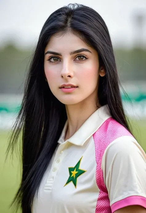 Beautiful female, cricket player, fit, athletic, teen, tall, abs, Pakistani girl, beautiful long straight black hairs, (white alabaster skin:1.5), white skin, pale skin, pink face, cute. (Face focus, portrait, detailed face)