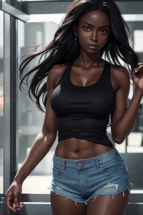 ((Extremely beautiful face)), ((very dark skin)), upper body, ((face focus)), tanktop, short shorts, full body, long messy hair