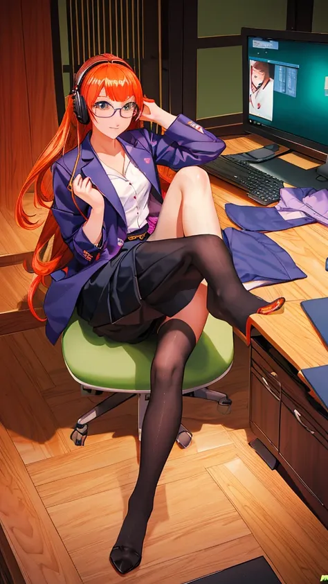 a woman is sitting in a chair with a laptop, 厳格な黒のwearing a business suit, sitting on the desk, in a strict suit, on the desk, d...