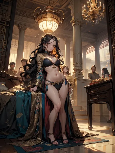 (orientalism painting, harem, group of people sitting around a bed in a room,belly dance,group of women in bikinis,grim dark orientalism, epic fantasy, high fantasy, dnd fantasy, orientalisme,palatial scene) (A high fantasy palace interior that incorporate...