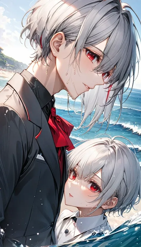 (profile:2), (love style) ((16 yo)), (solo:2 crew cut silver hair very short hair divine cool boy, serious red eyes, sweaty skin), break, (in a butler suit), break, (in the open ocean view beach), (background detailed ocean), BREAK, perfect anatomy, master...