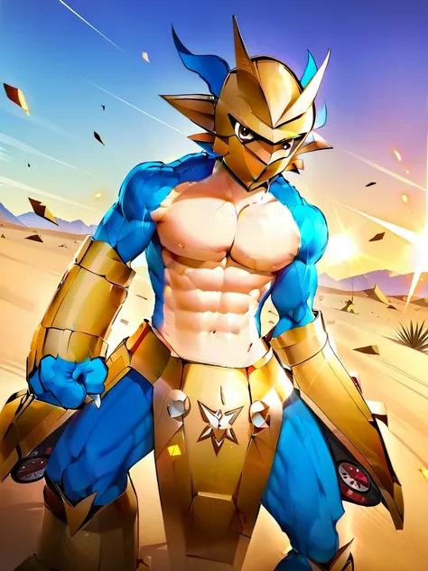 solo,angry ,Magnamon,tall,（musclar：1.5）,blue and white skin,(battle damaged:1.5),(topless Magnamon:2),(armor fragments:1.5),(shirtless:1.5), fighting_stance, in desert ,full_shot
