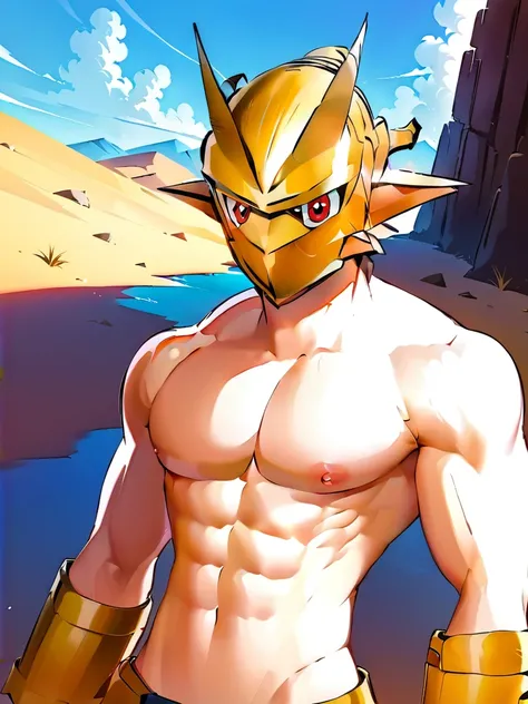 solo,angry ,Magnamon,tall,（musclar：1.5）,blue and white skin,(battle damaged:1.5),(topless Magnamon:2),(armor fragments:1.5),(shirtless:1.5), fighting_stance, in desert ,full_shot
