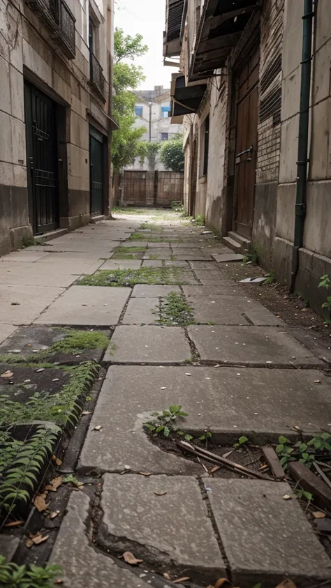 Nature Reclaiming: Trees and plants growing through cracks in the pavement and walls, symbolizing natures slow but inevitable reclamation of the city.