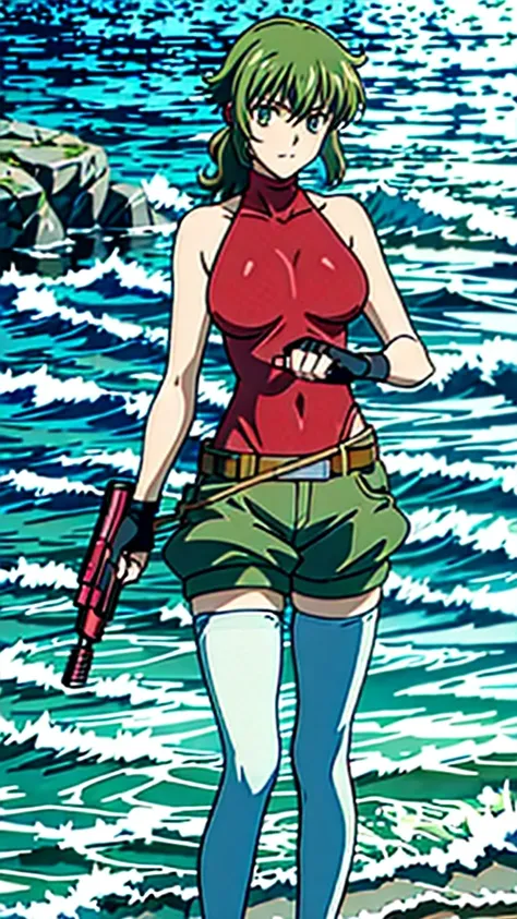 fingerless gloves, green shorts, belt, white thighhighs, sleeveless turtleneck, red leotard,water gun