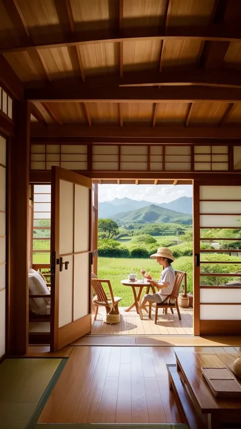 Japanese-style house、countryside、Summer vacation、A boy wearing a straw hat is sitting directly on the veranda, drinking barley tea and cooling off.。It&#39;s dark inside the house、Blinds、Glass wind chime 1、1 electric fan、There is only one fan。Outside, there...