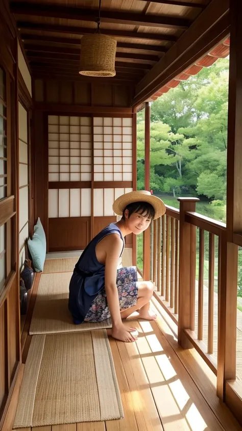 Japanese-style house、countryside、Summer vacation、A boy wearing a straw hat is sitting directly on the veranda, drinking barley tea and cooling off.。It&#39;s dark inside the house、Blinds、Glass wind chime 1、1 electric fan、There is only one fan。Outside, there...