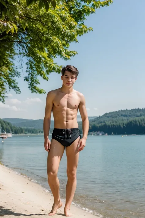 ((Ultra quality)), ((Bestes Meisterwerk)), (ultra-detailliert), 16-year-old young man, Twink, wenig Muskeln, thin, bare upper body, abgemagert, schwarze kurze Haare, blaue Augen, rote Lippen, hell-rosa Badehose, enge Badehose, transparente Badehose, liegt ...