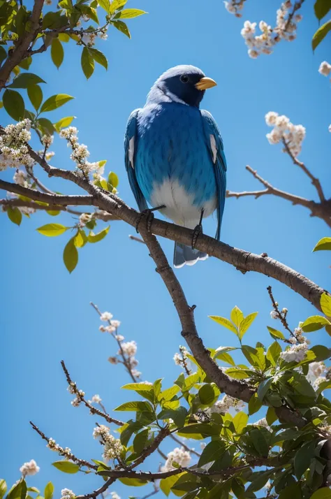 Create an image of a tree and a beautiful blue sky with a beautiful bird 