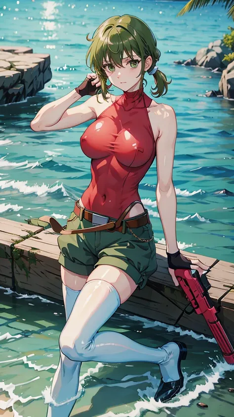 fingerless gloves, green shorts, belt, white thighhighs, sleeveless turtleneck, red leotard,water gun