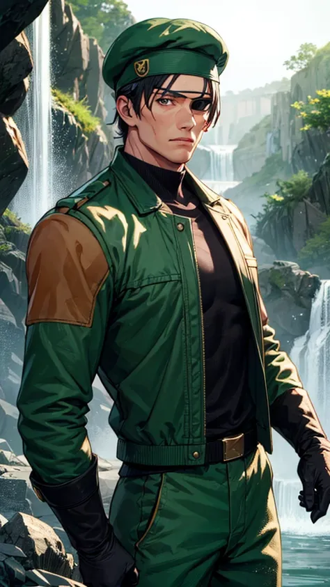 heidern,1guy,eye patch,beret,at the waterfall,green uniform,hands behind back,black shirt,standing,cowboy shot,long sleeves,glov...