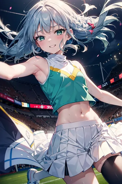 index, index,Silver Hair, (Green Eyes:1.5),Long Hair, (Flat Chest:1.2),Grin,tooth,Daytime,Clear skies,
,(cheer leading), (whole body), Lower, (Sweaty), Sweaty Wet Clothes, (White clothes),No sleeve, Pleated skirt,Black socks,sneakers, Belly button support,...