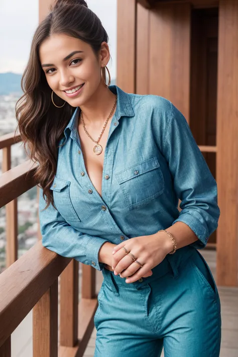 Half-length glamour portrait, nikon D850, f1.6 lens, 200mm, DSLR, 22 Megapixels, (((Terrace with panoramic view scene))), shot of a stunning 20 years old portuguese girl, (smile:1.4), (wearing Chambray shirt with Indigo chino pants:1.6), ((seductive pose))...