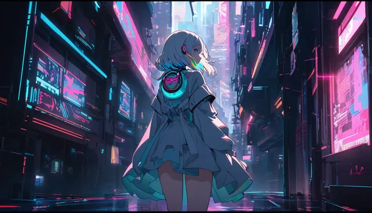 Handsome cute, Solitary, 1 female, Medium Length Hair, white hair, Rainbow hair, blue Eyes, Rainbow headphone, dress, Futuristic, Cyberpunk, Cybernetics panoramic, in the night, from behind