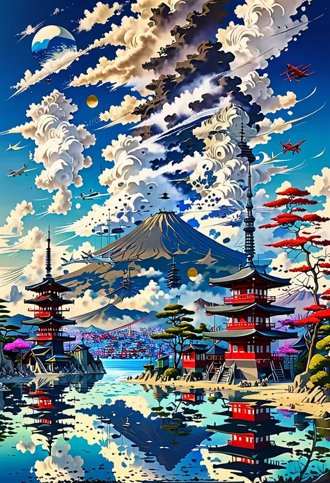 Japanese Landscape,Ocean,Fuji Mountain,Tokyo Tower,plane,Kyoto,Asakusa,Osaka,Fukuoka,Style of Japan painting,Beach waves splashing,エメラルドブルーのOceanの背景,Cumulonimbus cloud debris,Highest quality,Ultra-high resolution,Golden Ratio,Maximum Coefficient,Cappadocia