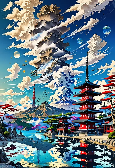 Japanese Landscape,Ocean,Fuji Mountain,Tokyo Tower,plane,Kyoto,Asakusa,Osaka,Fukuoka,Style of Japan painting,Beach waves splashing,エメラルドブルーのOceanの背景,Cumulonimbus cloud debris,Highest quality,Ultra-high resolution,Golden Ratio,Maximum Coefficient,Cappadocia