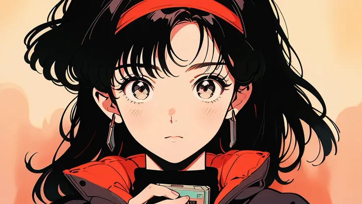 A picture of a girl in anime style holding a cassette tape. The girl has big eyes, black hair, and wears a red hairband. The cassette tape is red and she holds it up in front of her face. The background is simple and the main focus is on the girl and the c...