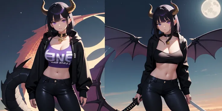 Beautiful woman, badass, sexy, holding katana, collar with bell around her neck, black jeans on her, black hoodie jacket on her, black and purple striped shirt under her hoodie, purple and black hair, dragon tail, dragon wings, black horns on head, large ,...