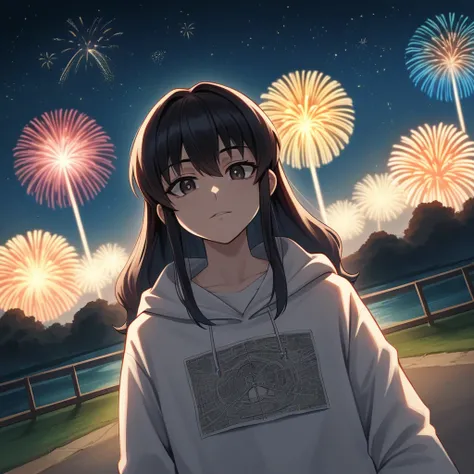 (masterpiece, best quality, highres, ultra-detailed, 8k, 4k), artbook, anime coloring, CG, illustration , anime guy, solo, background is a huge ornate circular pattern,  looking at viewer, fireworks, stars, night, outdoors, (dutch angle), close up, viewer ...