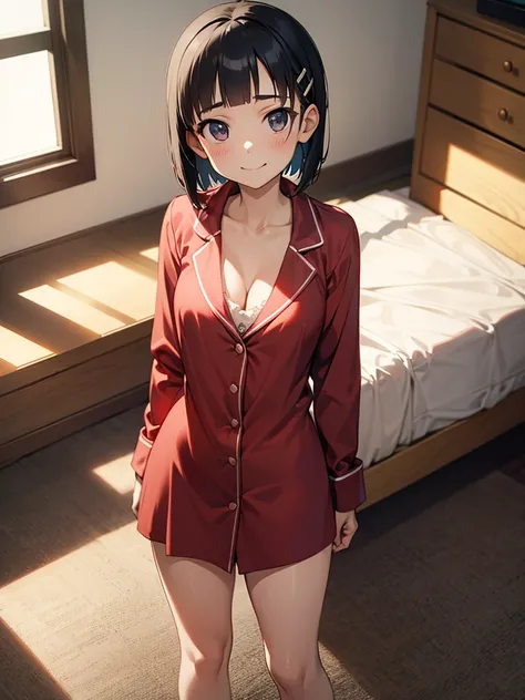 masterpiece, best quality, aasugu, solo, short hair, hairclip, cleavage, pajamas, red shirt, dress shirt, bare legs, 10yo, (peti...